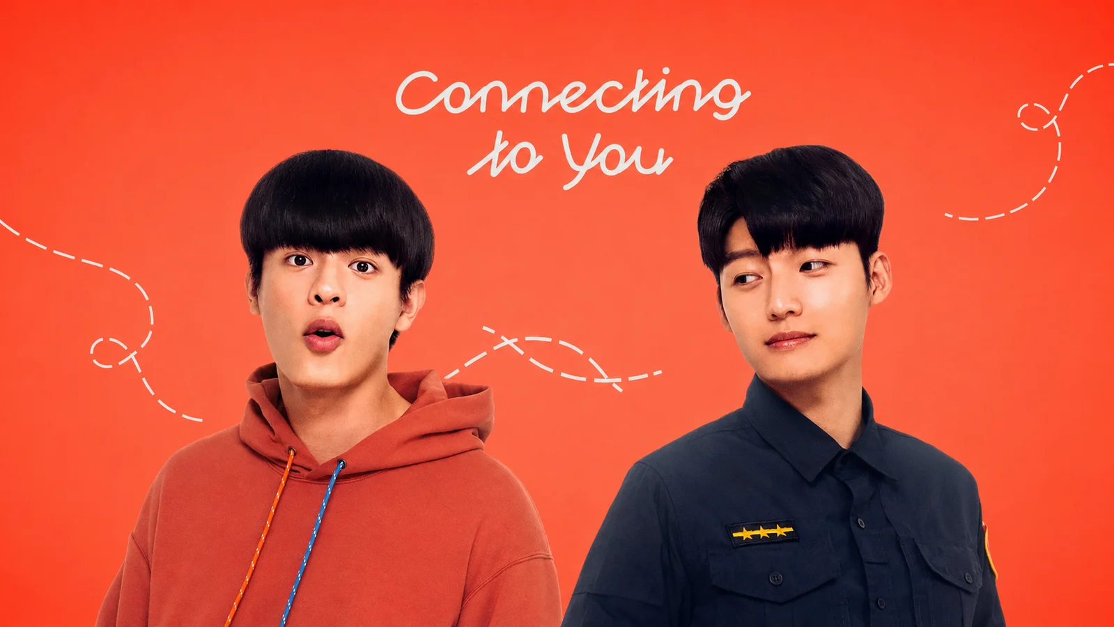 Bruce Chiu Yi-Tai in a coral hoodie beside Liu Yu-ren in a dark police uniform against an orange background for Connecting to You.