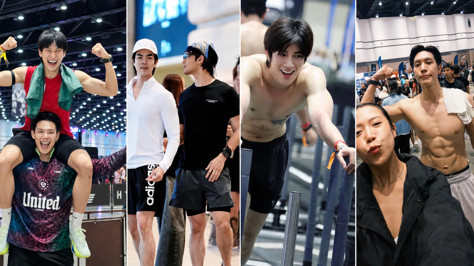 Four-panel collage of Daou and Offroad celebrating, Mile and Apo together, Frank Thanatsaran competing, and Great Sapol posing after HYROX Bangkok 2026.