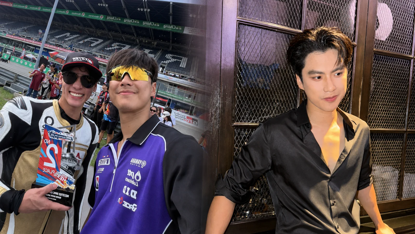 Ohm Pawat poses at the Dr. Ally event alongside a racetrack selfie with Ing Asavanund at Chang International Circuit in Buriram.