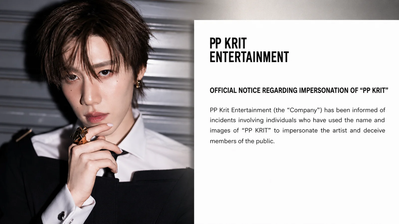 PP Krit poses beside an official notice from PP Krit Entertainment warning about individuals impersonating the artist to deceive the public.