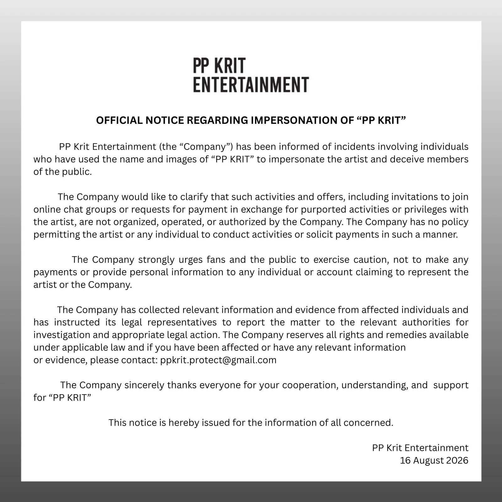 Official PP Krit Entertainment notice warning the public about individuals impersonating PP Krit and requesting money or personal information.