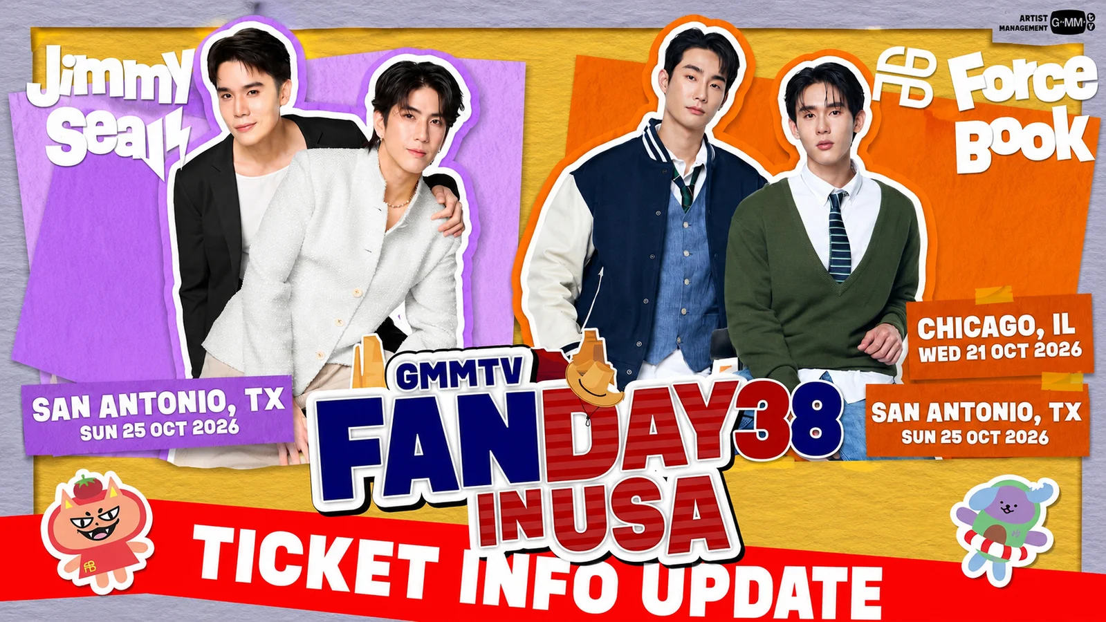 Jimmy and Sea alongside Force and Book in a GMMTV Fan Day 38 promotional graphic announcing events in Chicago and San Antonio in October 2026.