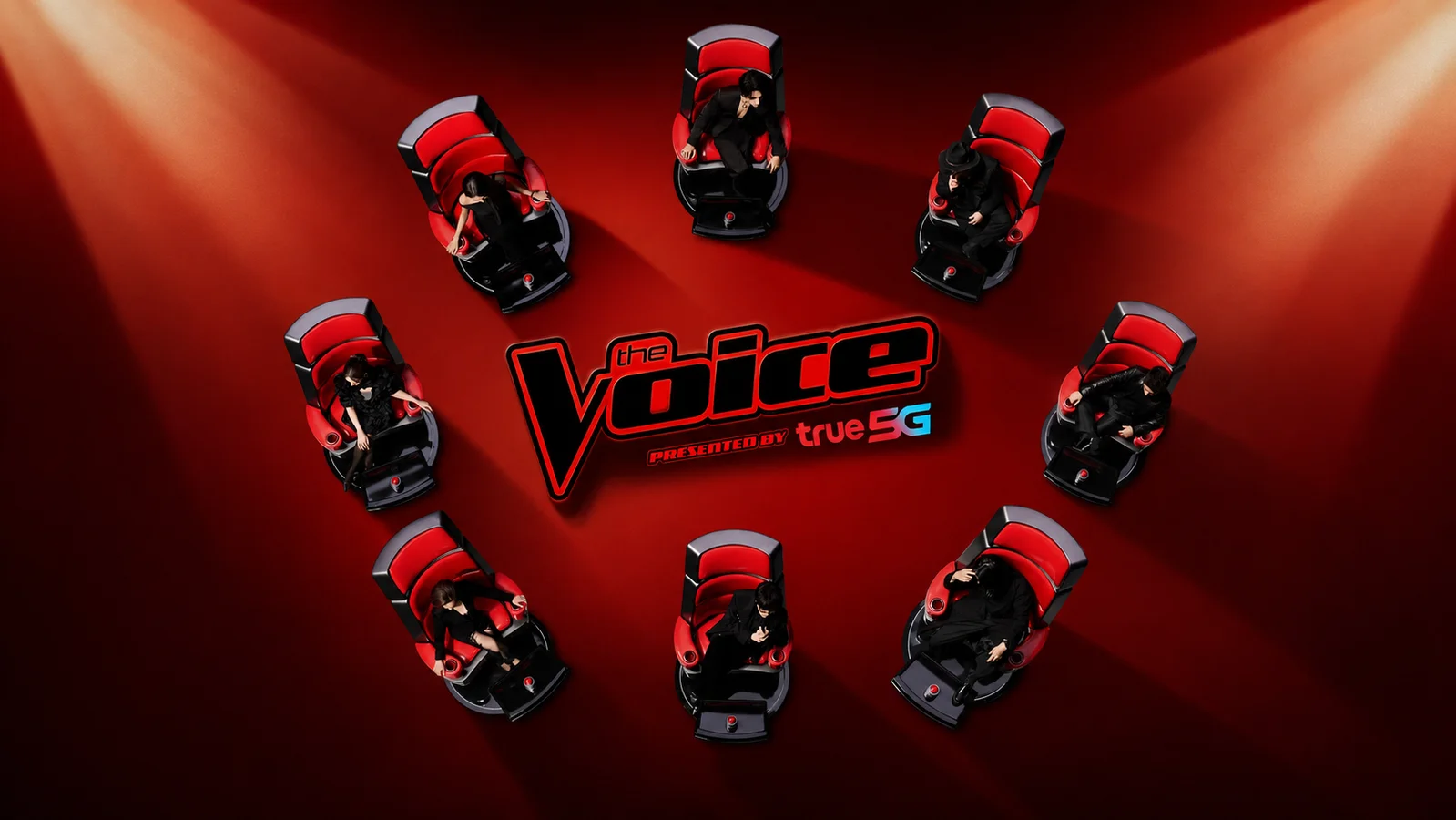 Eight unidentified figures sit in red coaches’ chairs around The Voice logo, with a top-center figure resembling Jeff Satur.