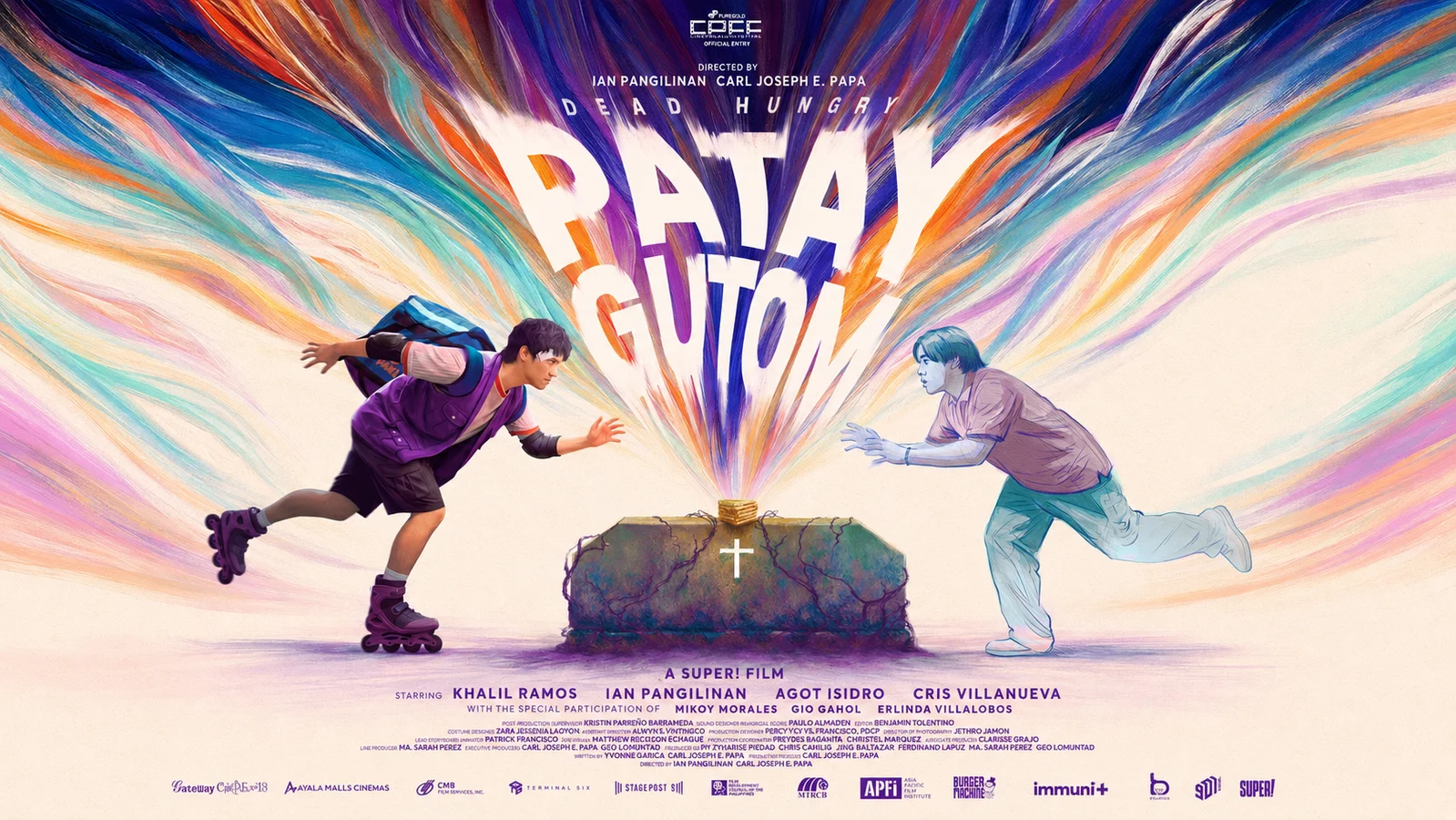 Landscape poster for Patay Gutom shows Ian Pangilinan roller-skating toward an illustrated figure of Khalil Ramos across a grave, surrounded by colorful painted streaks.
