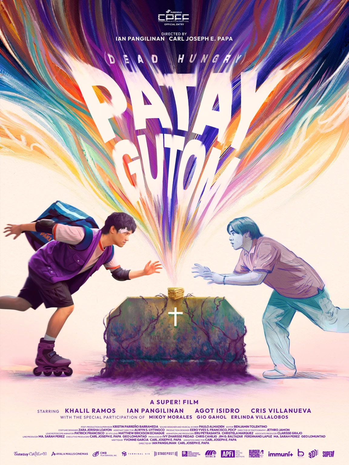 Official poster for Patay Gutom shows Ian Pangilinan roller-skating toward an illustrated figure of Khalil Ramos across a grave, surrounded by colorful painted streaks.
