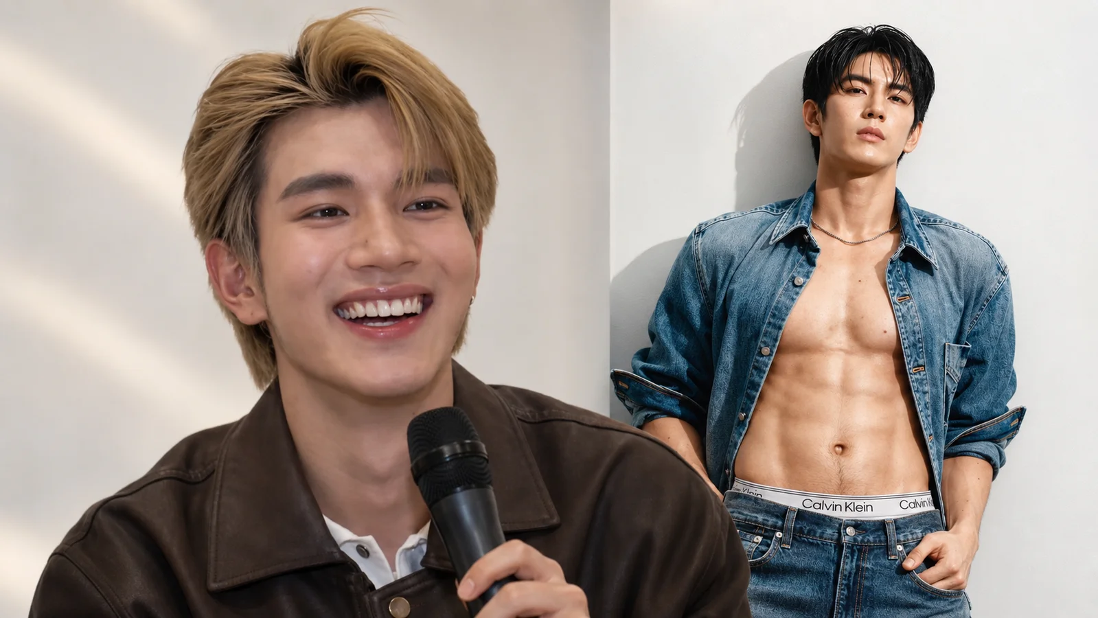 Fourth Nattawat smiles while holding a microphone during an interview, alongside Sea Tawinan posing shirtless in denim for Calvin Klein.