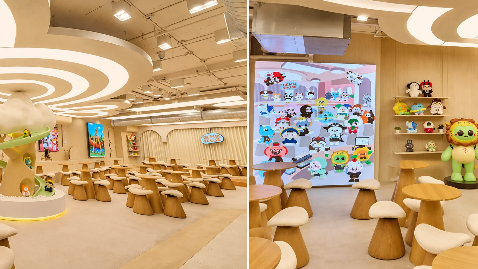 Wide interior views of GEMM HOUSE at GMM Grammy Place, showing its café seating, sculptural ceiling and tree installation, character displays, and GEMM HOUSE branding ahead of the venue’s opening.