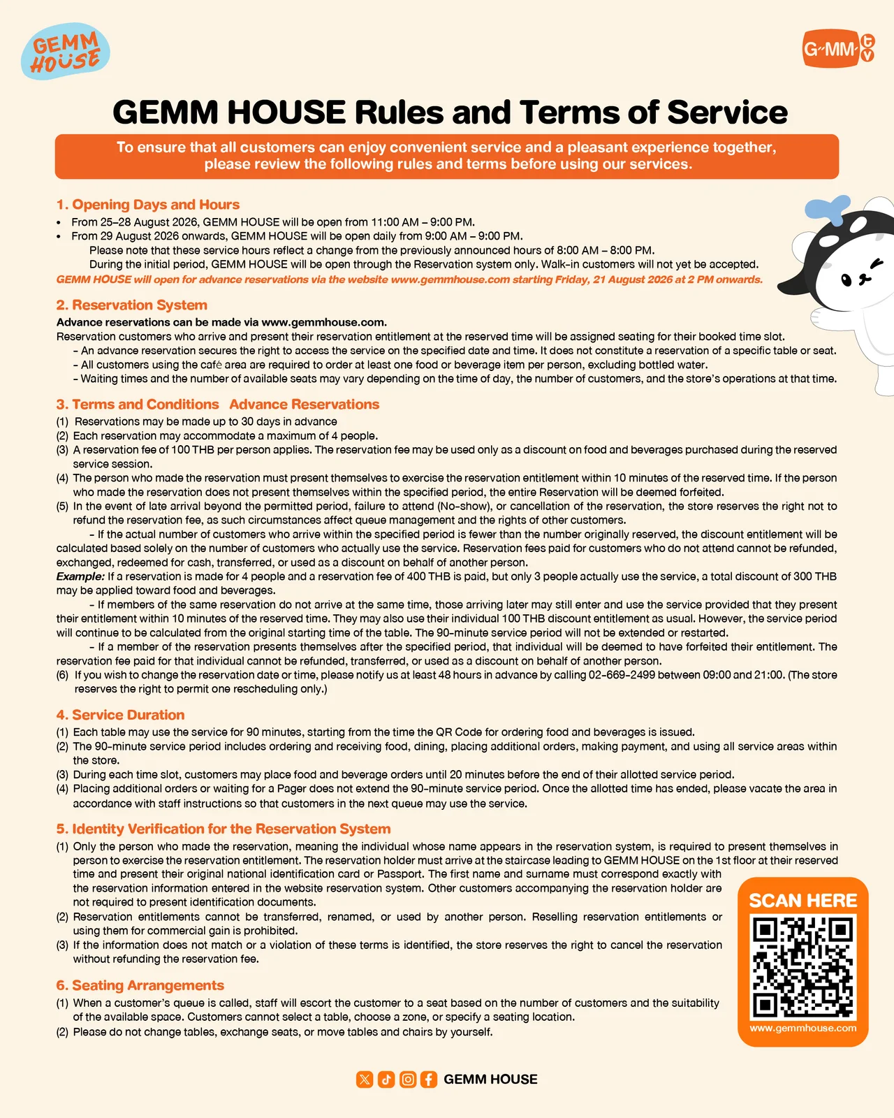 GEMM HOUSE rules and terms of service detailing opening hours, advance reservations, the ฿100-per-person reservation fee, 90-minute service periods, ID verification and assigned seating.