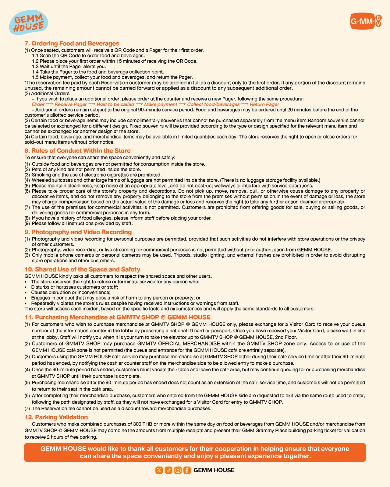 GEMM HOUSE rules covering food and beverage ordering, conduct, photography and video, GMMTV SHOP access, merchandise purchases and parking validation.