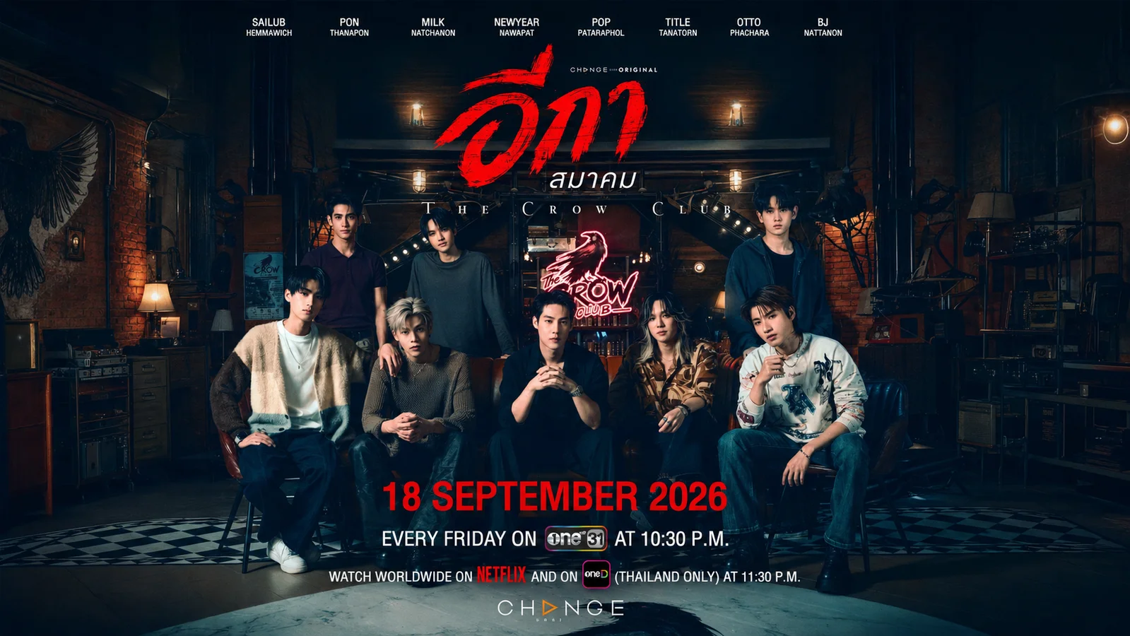 The eight-member cast of The Crow Club poses inside a dark, crow-themed headquarters. Text announces the series’ September 18, 2026 premiere on ONE31, Netflix and oneD.