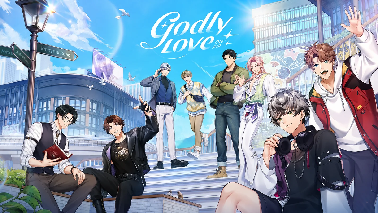 Eight characters from BL romance game Godly Love: On Air gather together in Empyrea City.