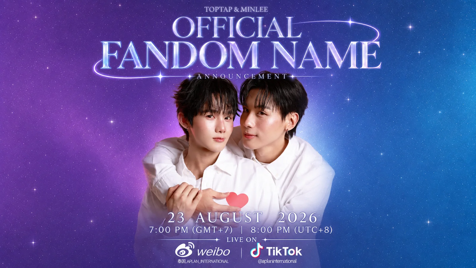 TopTap Jarukit embraces MinLee Thanakorn against a purple-and-blue starry background in promotional artwork announcing their official fandom name reveal on August 23, 2026.