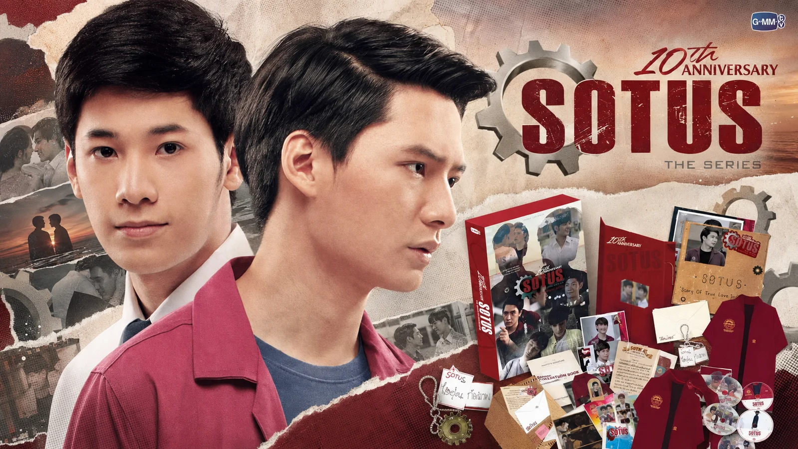 Krist Perawat and Singto Prachaya appear alongside the SOTUS 10th anniversary logo, DVD box set and collectible merchandise in a red-and-cream editorial collage.