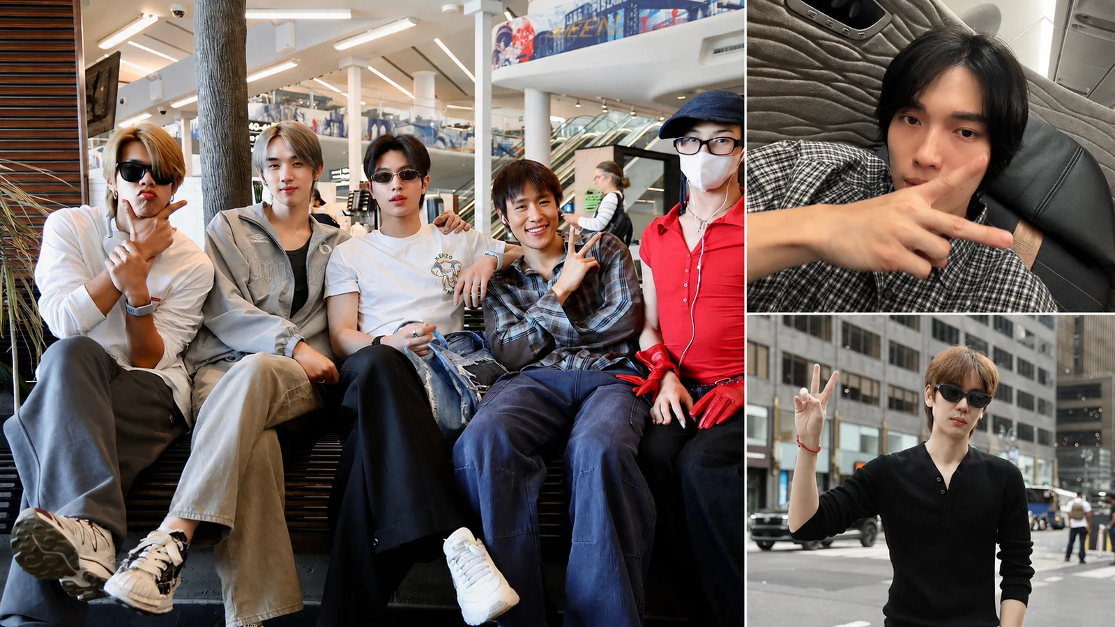 Members of LYKN, Prem Warut on a New York street and Win Metawin aboard a plane ahead of their August 2026 events in New York City.
