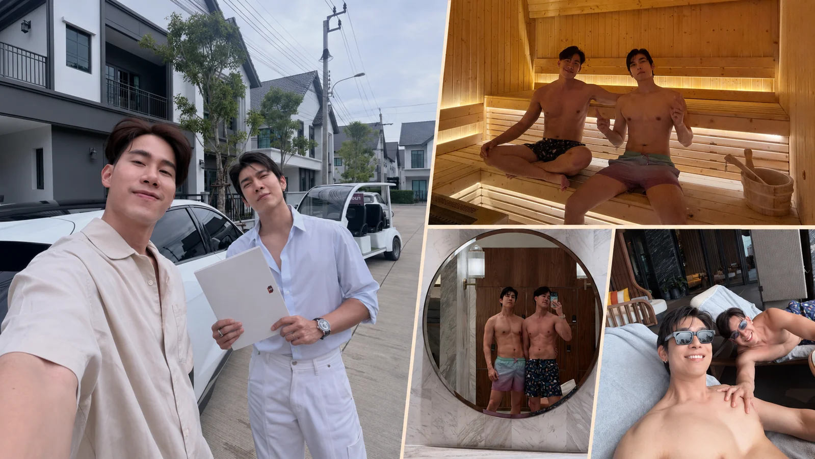 Composite of Mew Suppasit and Tul Pakorn posing outside modern homes, alongside smaller photos of the couple relaxing in a sauna, taking a mirror selfie and lounging poolside.