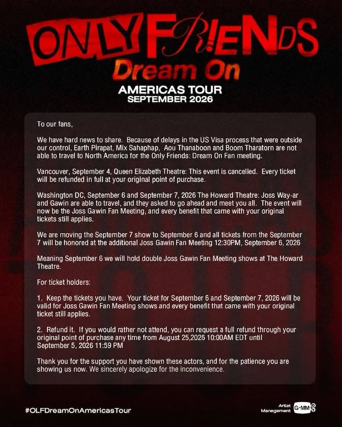 GMMTV announcement explaining that the Only Friends: Dream On Vancouver fan meeting is canceled and the Washington, DC dates will continue as two JossGawin events because of visa delays.
