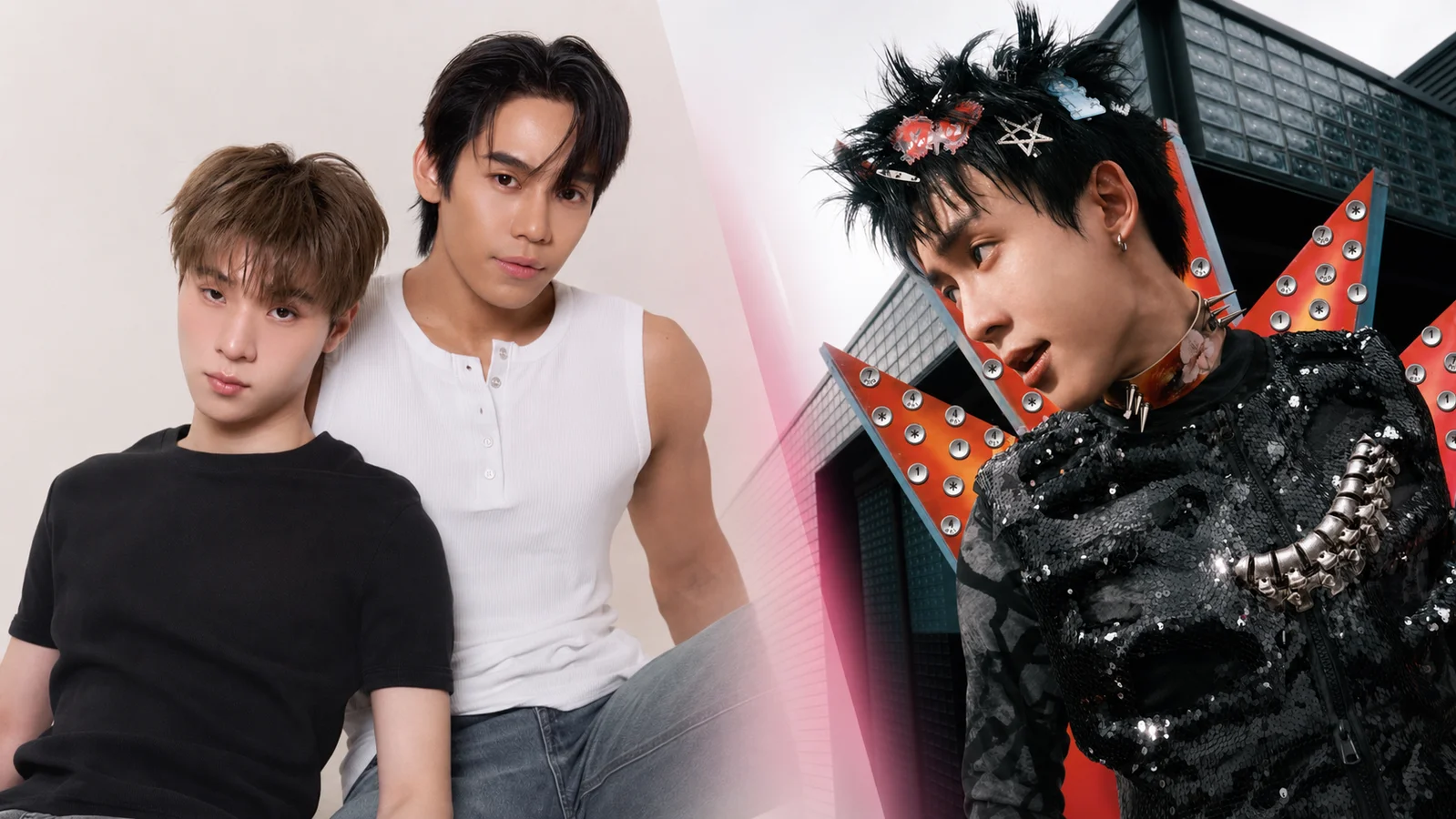 Ngern Anupart and Oat Tharathon pictured beside New Chayapak as fictional GELBOYS 2 idol FOU4MOD.