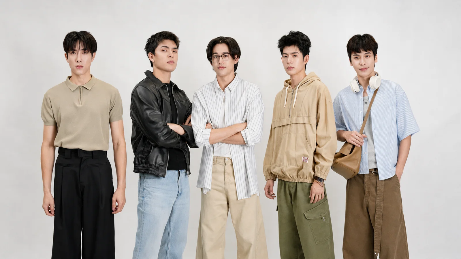 Thor Thinnaphan, Joss Way-ar, Gawin Caskey, Mark Pakin and Ohm Thipakorn pose together in their Round One costume-fitting looks.